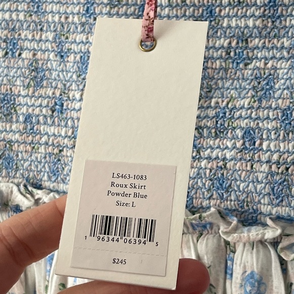 NEW LOVESHACKFANCY Roux Smocked Floral Skirt POWDER BLUE Ruffle Edge Large - Picture 3 of 10
